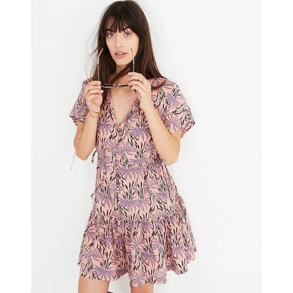 MADEWELL Button-Front Tiered Dress in Oasis Palms size medium. Retails $138 - Picture 2 of 16